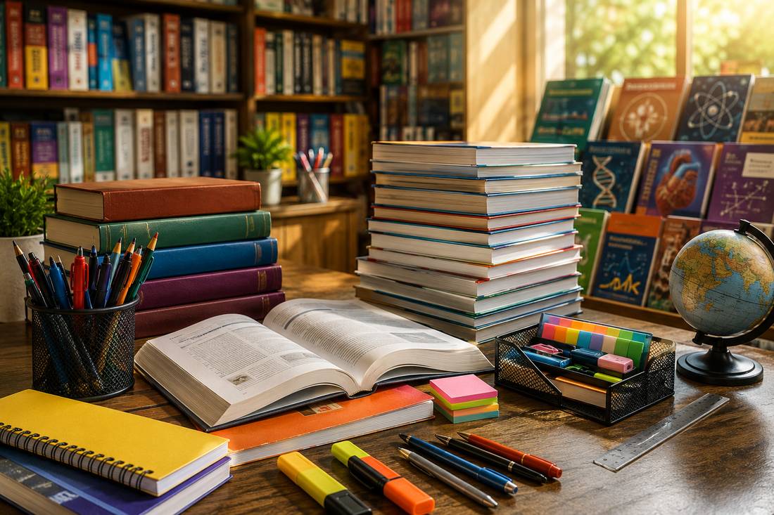 Sri Sai Ram Book Store interior with organized bookshelves